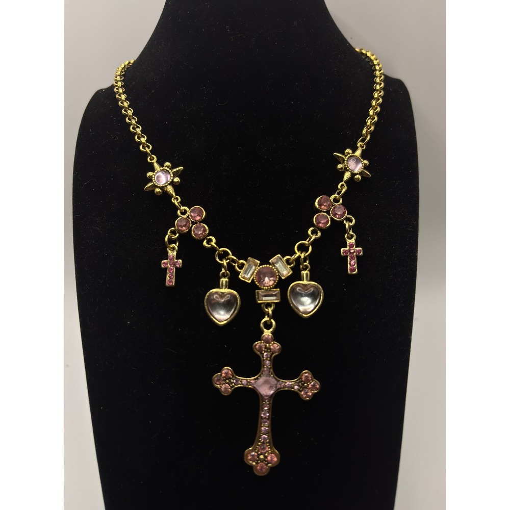 Candie's Charm Necklace Women OS Gold Pink Rhinestone Cross Heart Star Y2K